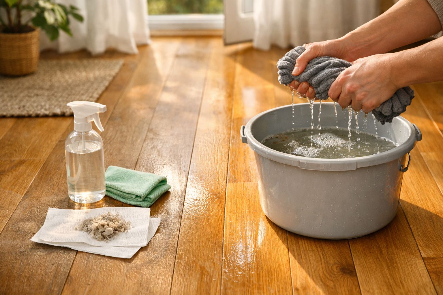 Pessoas a torcer um pano molhado sobre um balde com água para limpeza do chão de madeira.