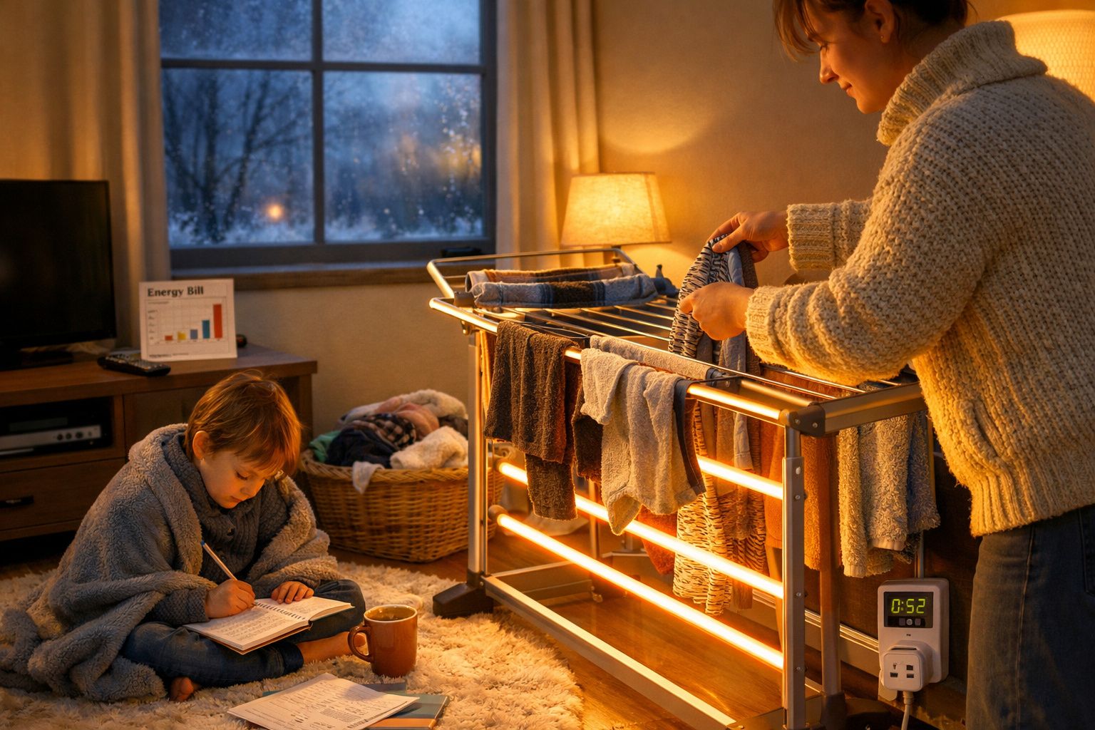 Mulher a pendurar roupa num estendal elétrico enquanto criança estuda enrolada numa manta dentro de casa.
