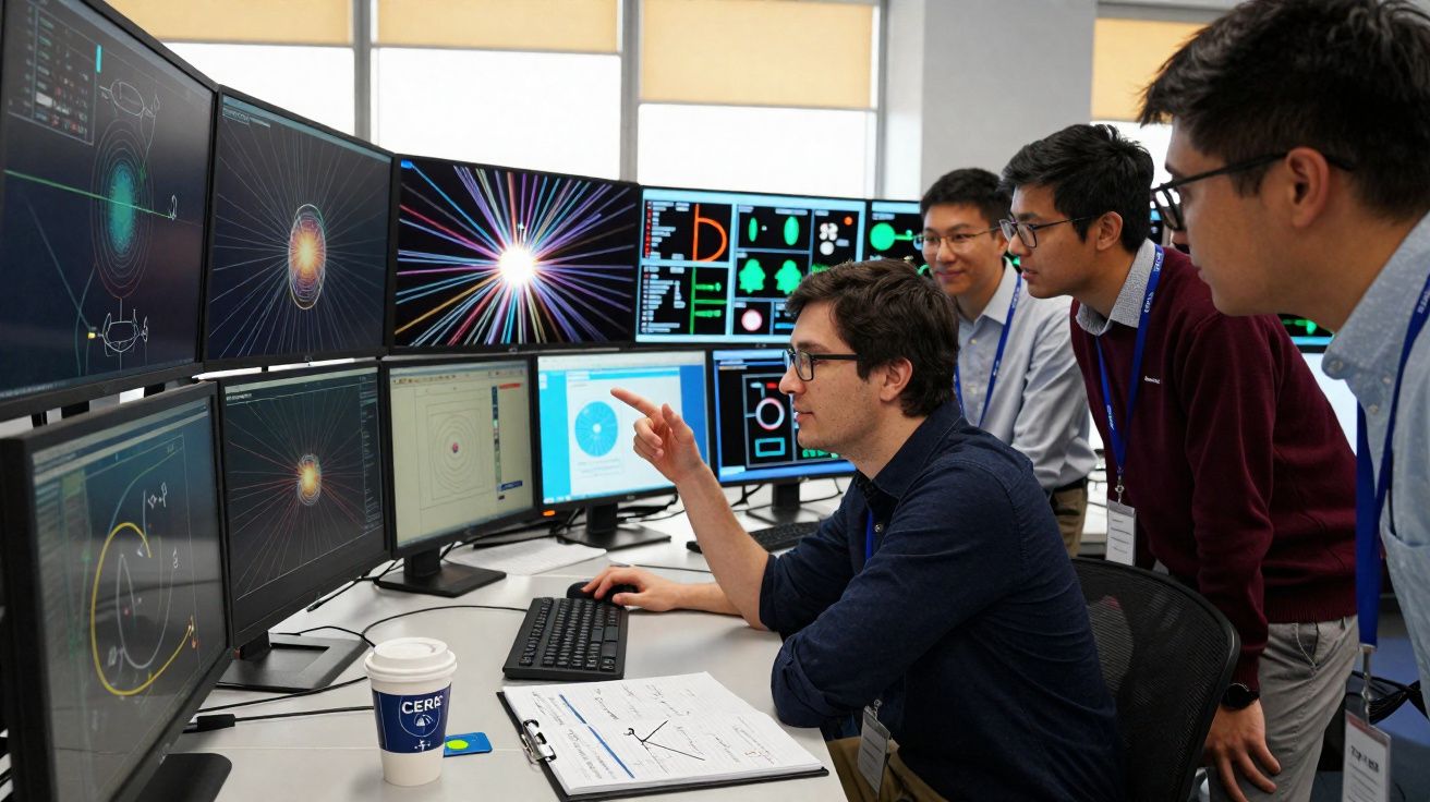 Quatro homens a analisar dados científicos e gráficos em múltiplos ecrãs num laboratório moderno.