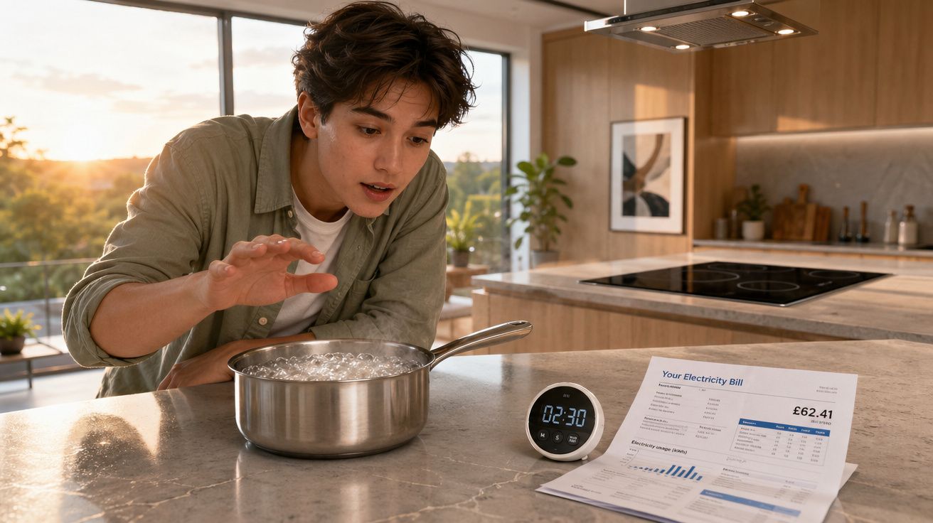 Pessoa a observar surpreendida uma panela a ferver numa cozinha moderna com conta de eletricidade na bancada.