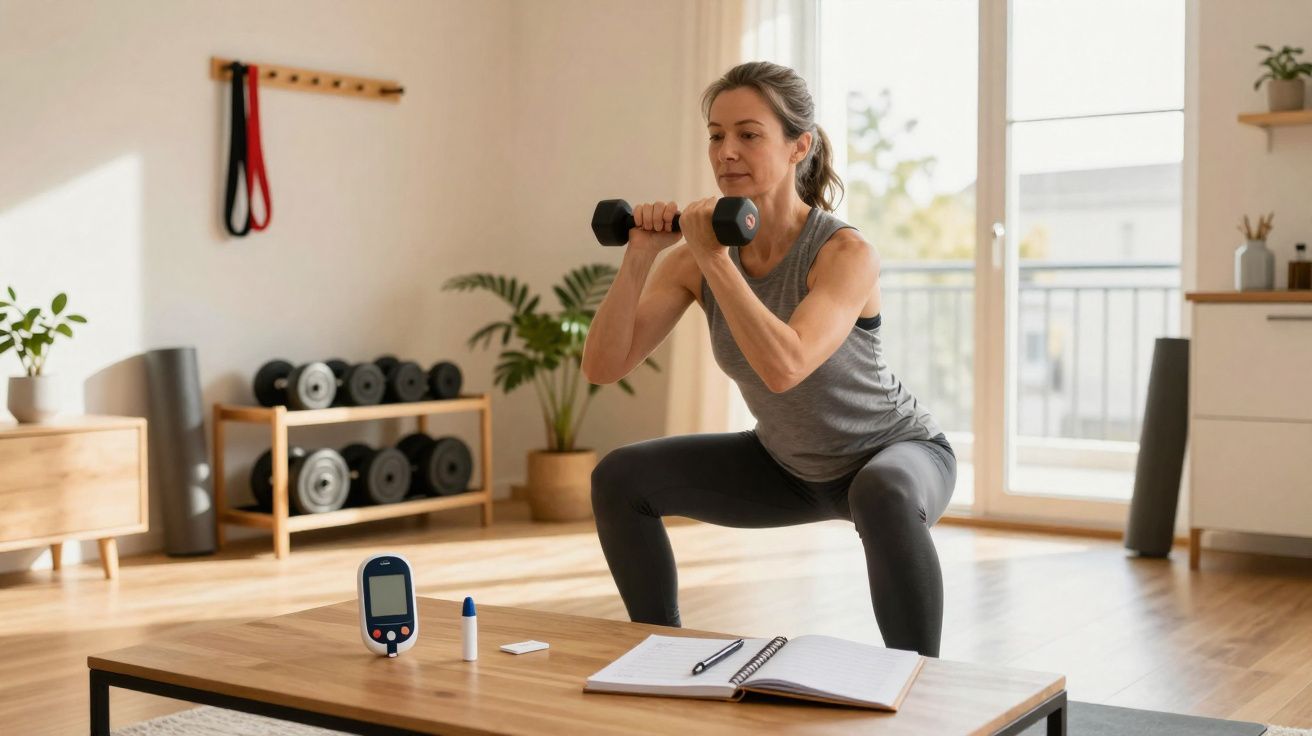 Mulher a fazer agachamento com halteres em casa, perto de um medidor de glicose e caderno aberto.