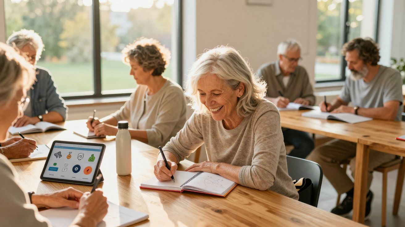 Pessoas idosas sentadas à mesa a escrever e usar tablet numa sala bem iluminada e com janelas grandes.