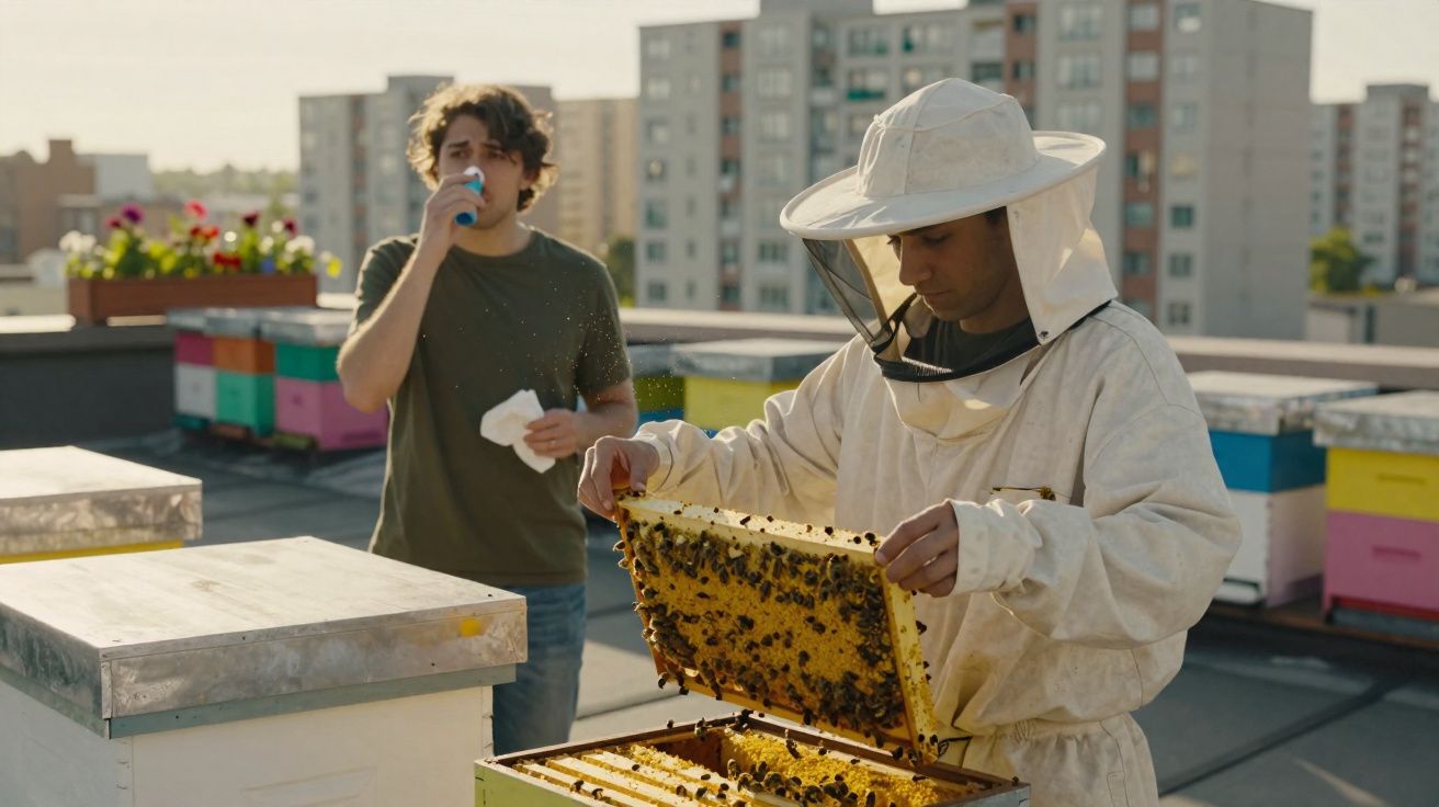 Apicultor com roupa protetora a inspecionar um quadro de mel enquanto outro homem se afasta a usar spray para alergias.