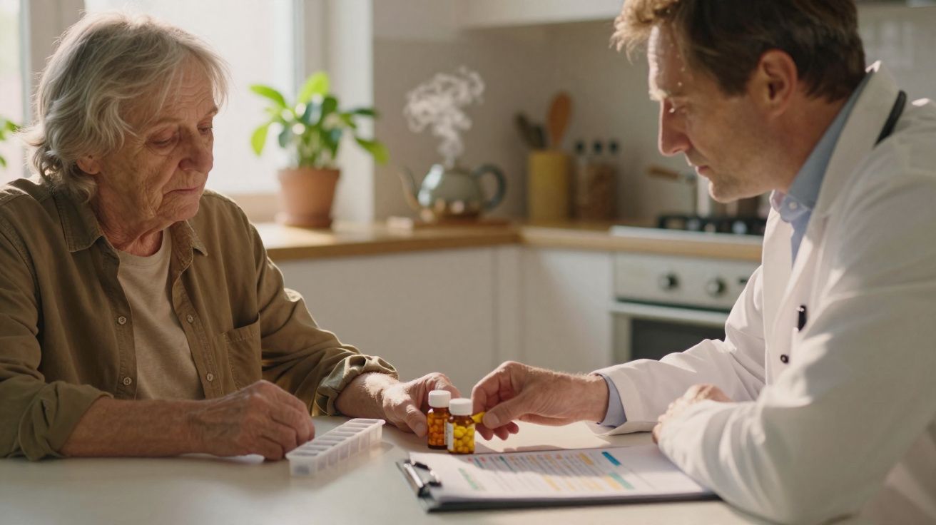 Médico e idosa a organizar medicamentos numa caixa de comprimidos numa cozinha iluminada.