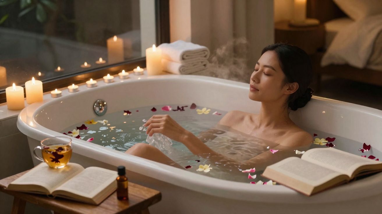 Mulher relaxa numa banheira com pétalas de flores, rodeada de velas acesas e livros abertos.