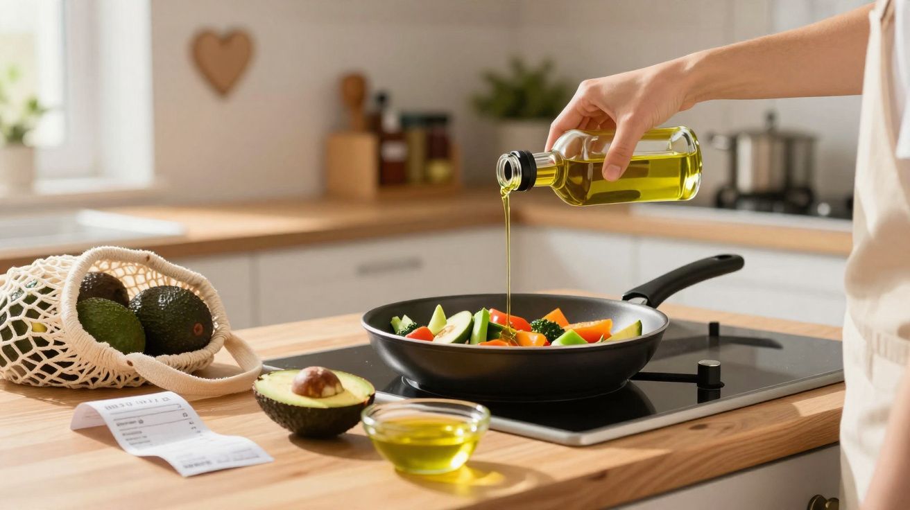 Pessoa a deitar azeite numa frigideira com legumes na cozinha moderna.