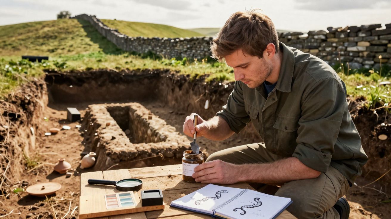 Homem a escavar e analisar artefactos num sítio arqueológico ao ar livre com caderno de desenhos.