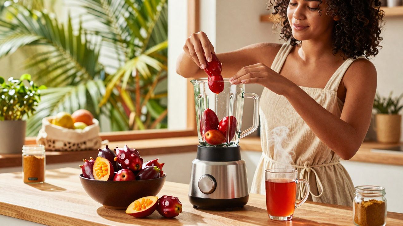 Mulher a colocar frutas vermelhas num liquidificador numa cozinha luminosa com plantas ao fundo.