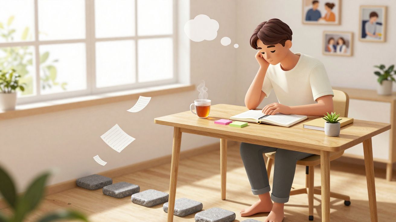 Pessoa sentada numa secretária em casa, aparentemente com dificuldade a estudar ou a concentrar-se.