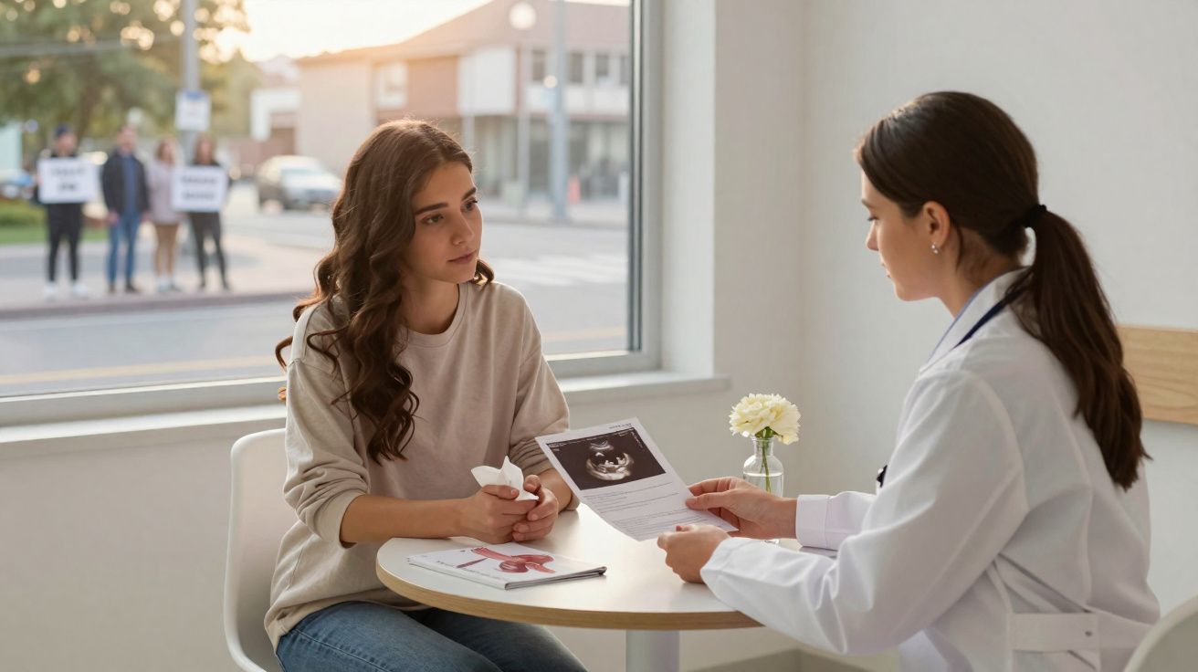 Jovem sentada com expressão preocupada a conversar com médica que mostra exame de ultrassom numa sala iluminada.