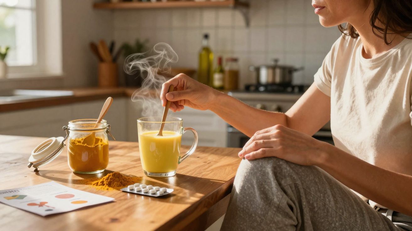 Pessoa a mexer bebida quente com cúrcuma, comprimidos e papel informativo numa cozinha iluminada.