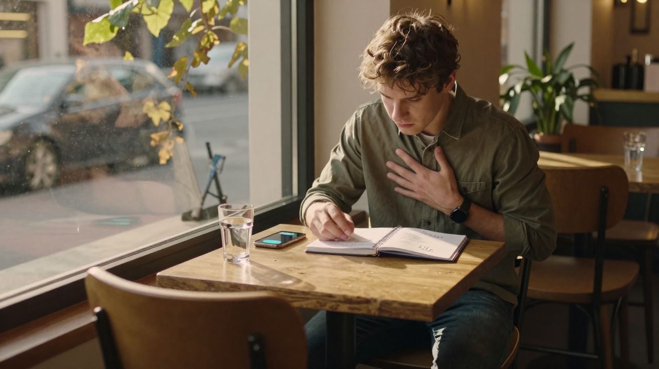 Jovem sentado à mesa de café, escrevendo num caderno, com um copo de água e telemóvel ao lado.