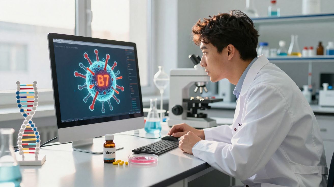 Cientista em laboratório observa imagem digital do vírus B7 no ecrã de computador.