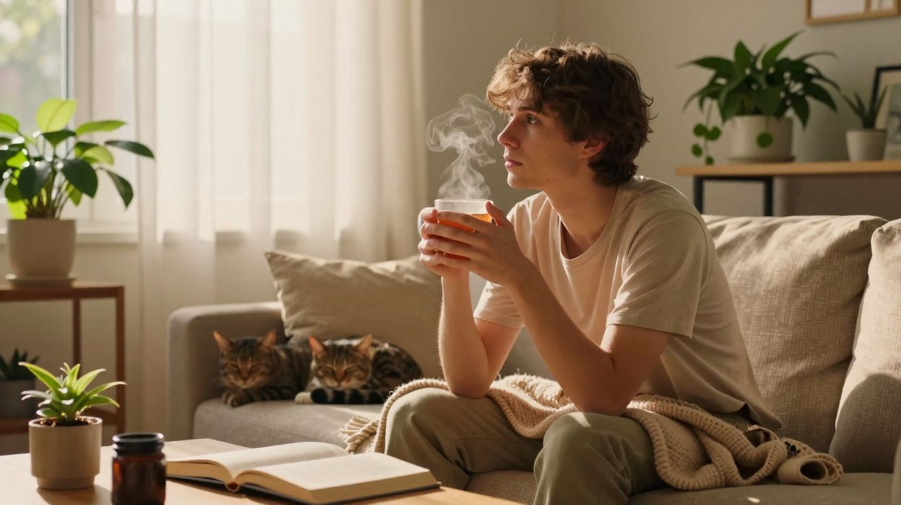 Jovem sentado no sofá a beber chá quente, duas gatos descansam ao fundo num ambiente acolhedor.
