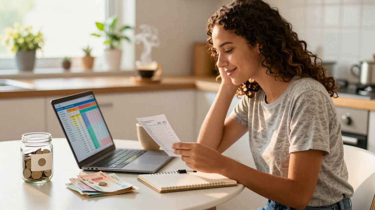 Mulher jovem sentada à mesa a analisar contas com computador, caderno, dinheiro e vidro de moedas.