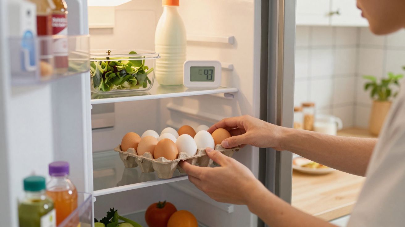 Pessoa a guardar uma caixa de ovos no frigorífico com verduras, leite e temperos visíveis.
