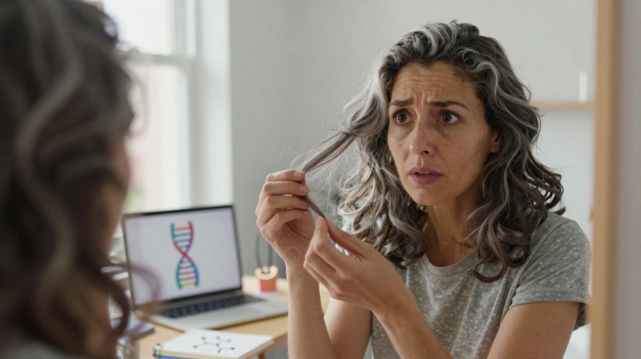 Mulher preocupada a examinar fios de cabelo à frente do espelho, com imagem de ADN no computador.