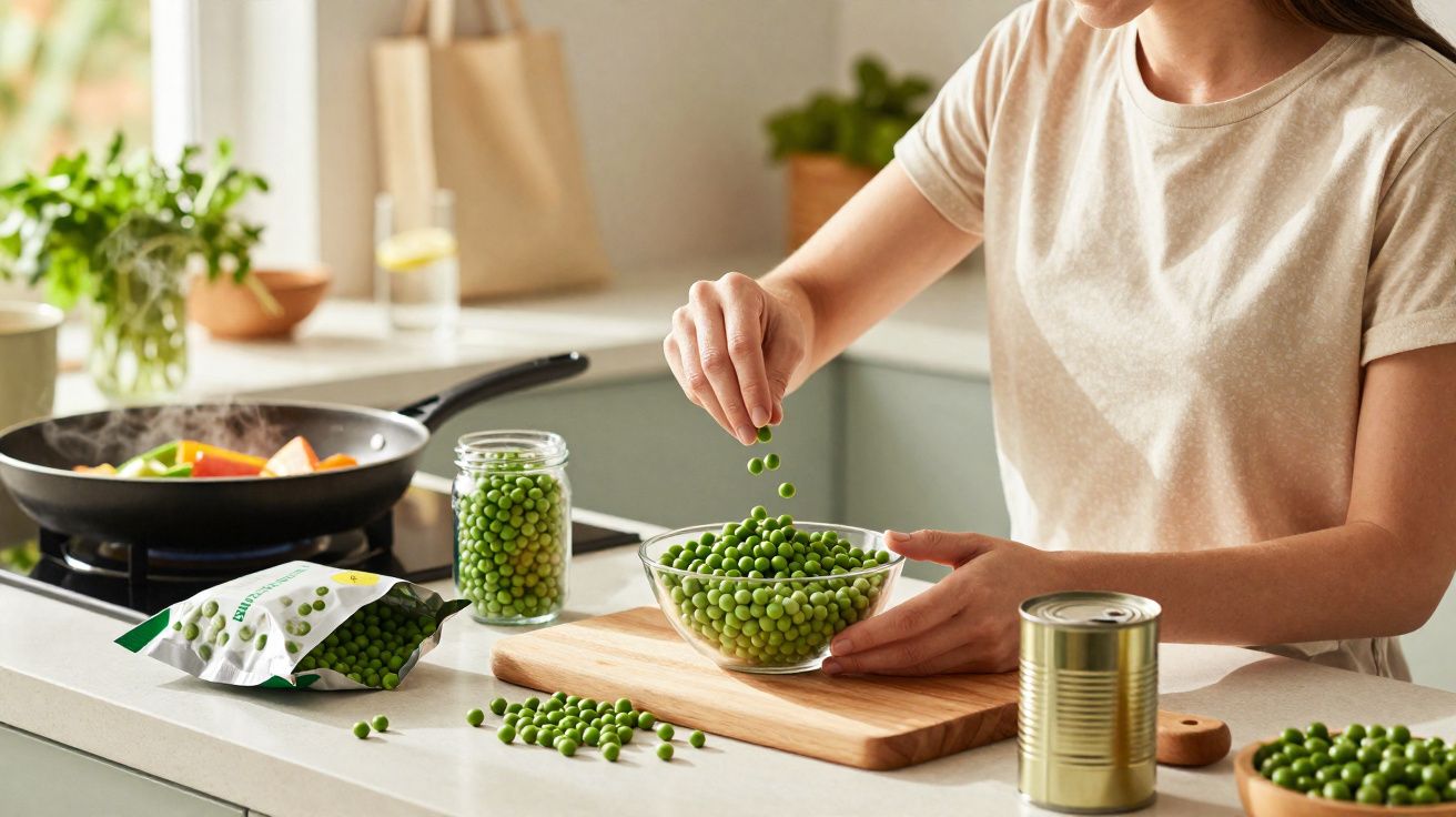 Pessoa a colocar ervilhas frescas numa taça numa cozinha moderna.