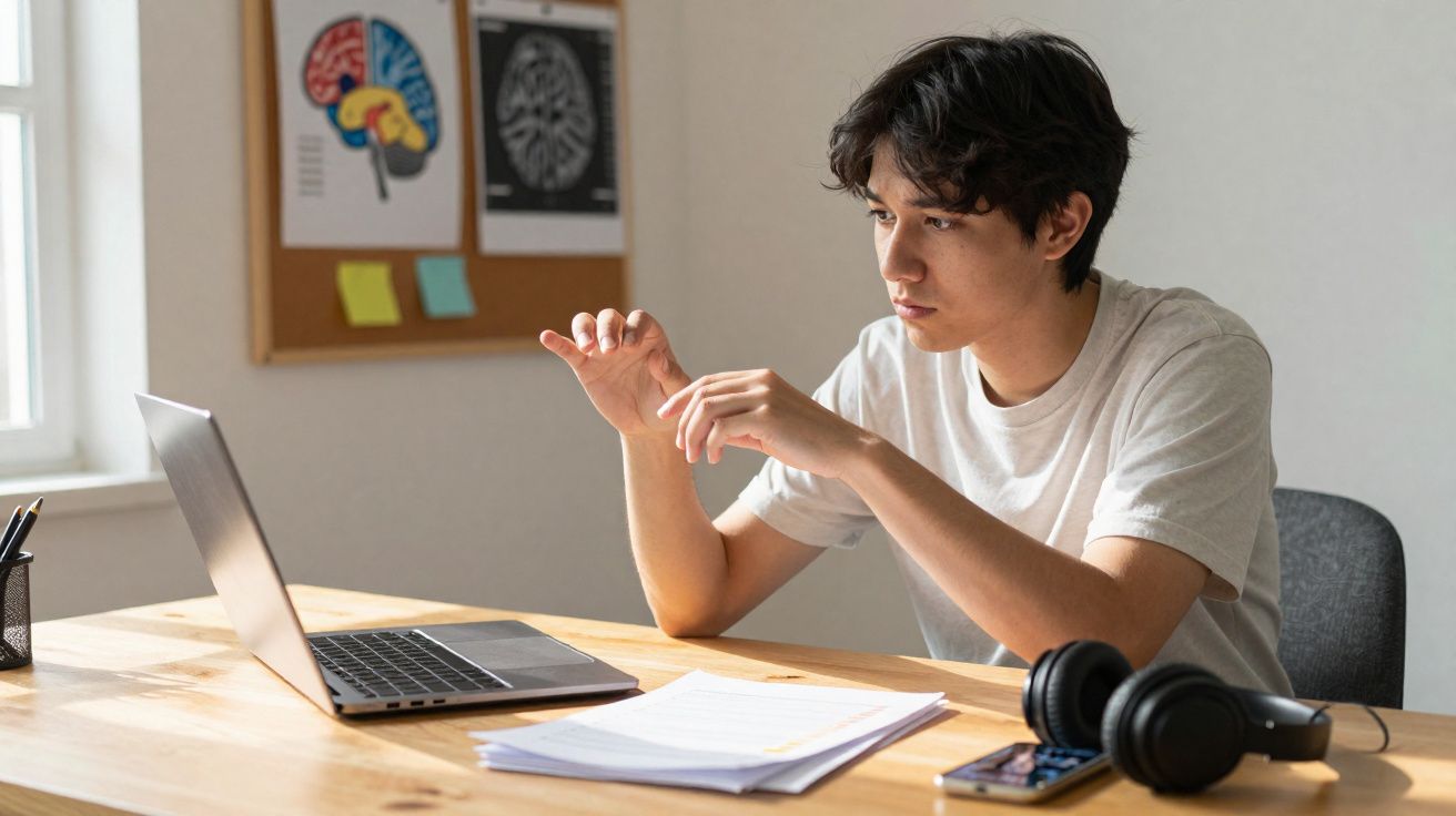 Jovem sentado à mesa a estudar com computador, papéis, auriculares e telemóvel numa sala iluminada.