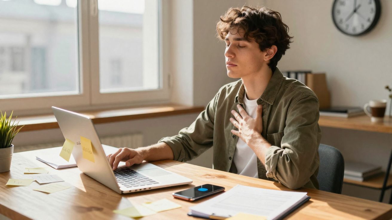 Homem jovem sentado a trabalhar num computador, com mão no peito, aparentando desconforto respiratório.