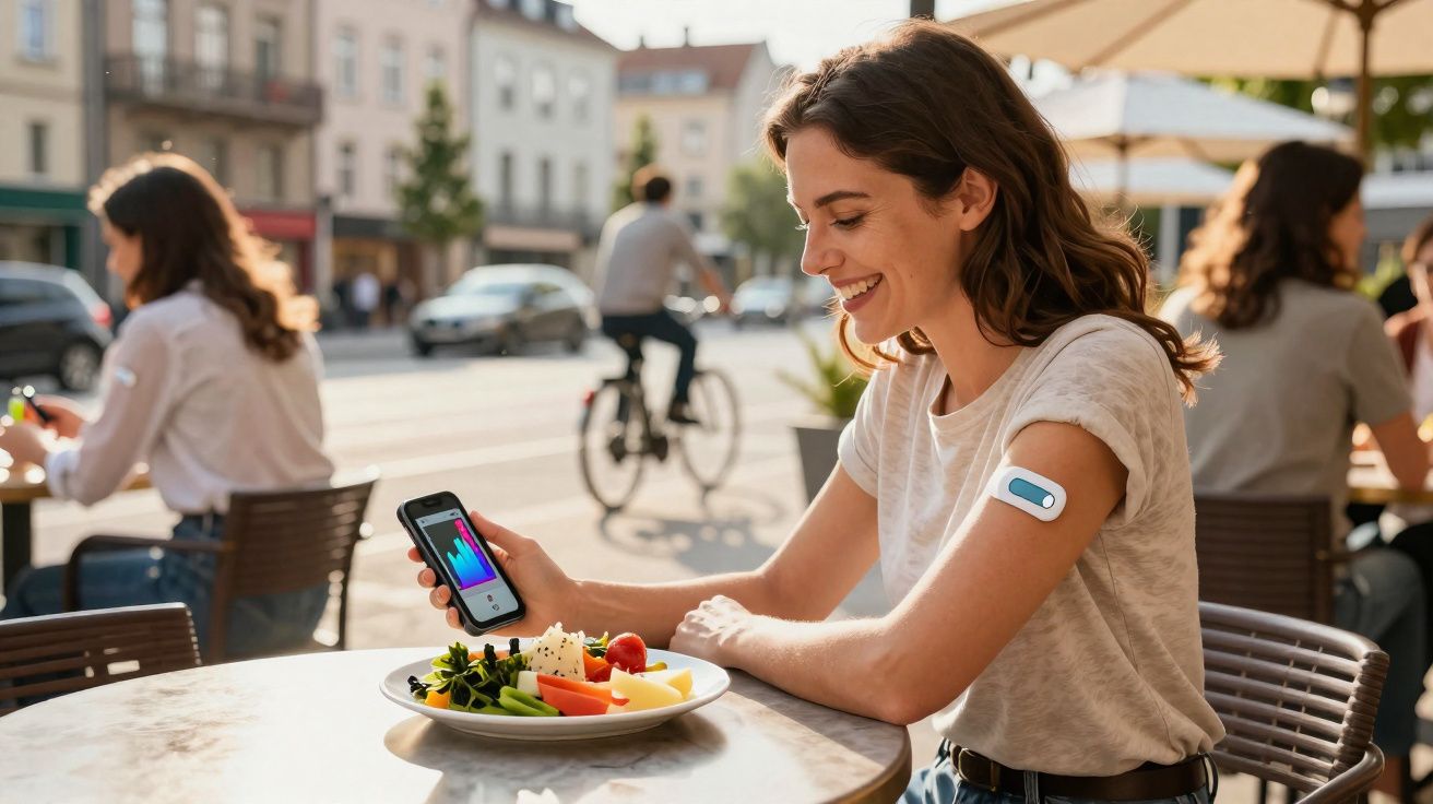 Mulher sorridente com sensor no braço a olhar para smartphone numa esplanada com prato de comida à frente.
