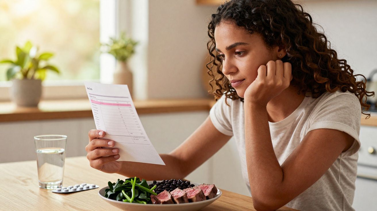 Mulher sentada à mesa a ler um papel, com prato de comida saudável e comprimidos ao lado.
