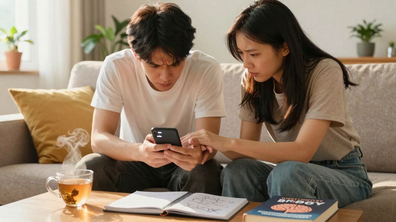 Casal jovem sentado no sofá a ver algo com preocupação no telemóvel, com livro e chá na mesa.
