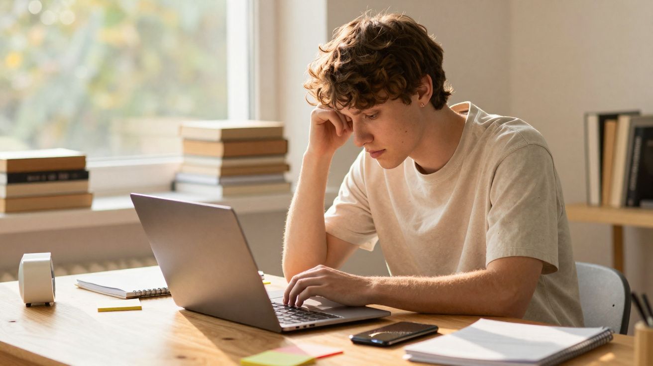 Jovem concentrado a trabalhar no computador portátil numa mesa com livros e caderno junto à janela.