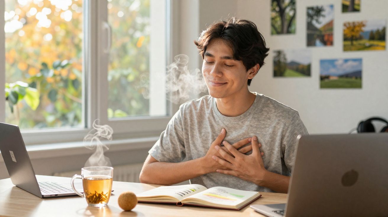 Jovem sentado a sorrir com as mãos no peito, rodeado de dois computadores e um chá fumegante.