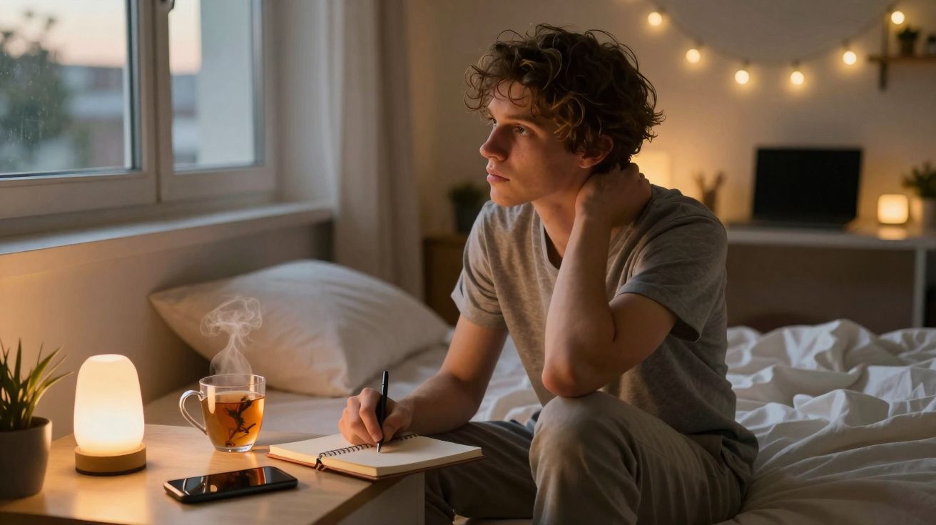 Jovem sentado na cama a escrever num caderno, ao lado de uma chávena de chá quente e uma luminária acesa.