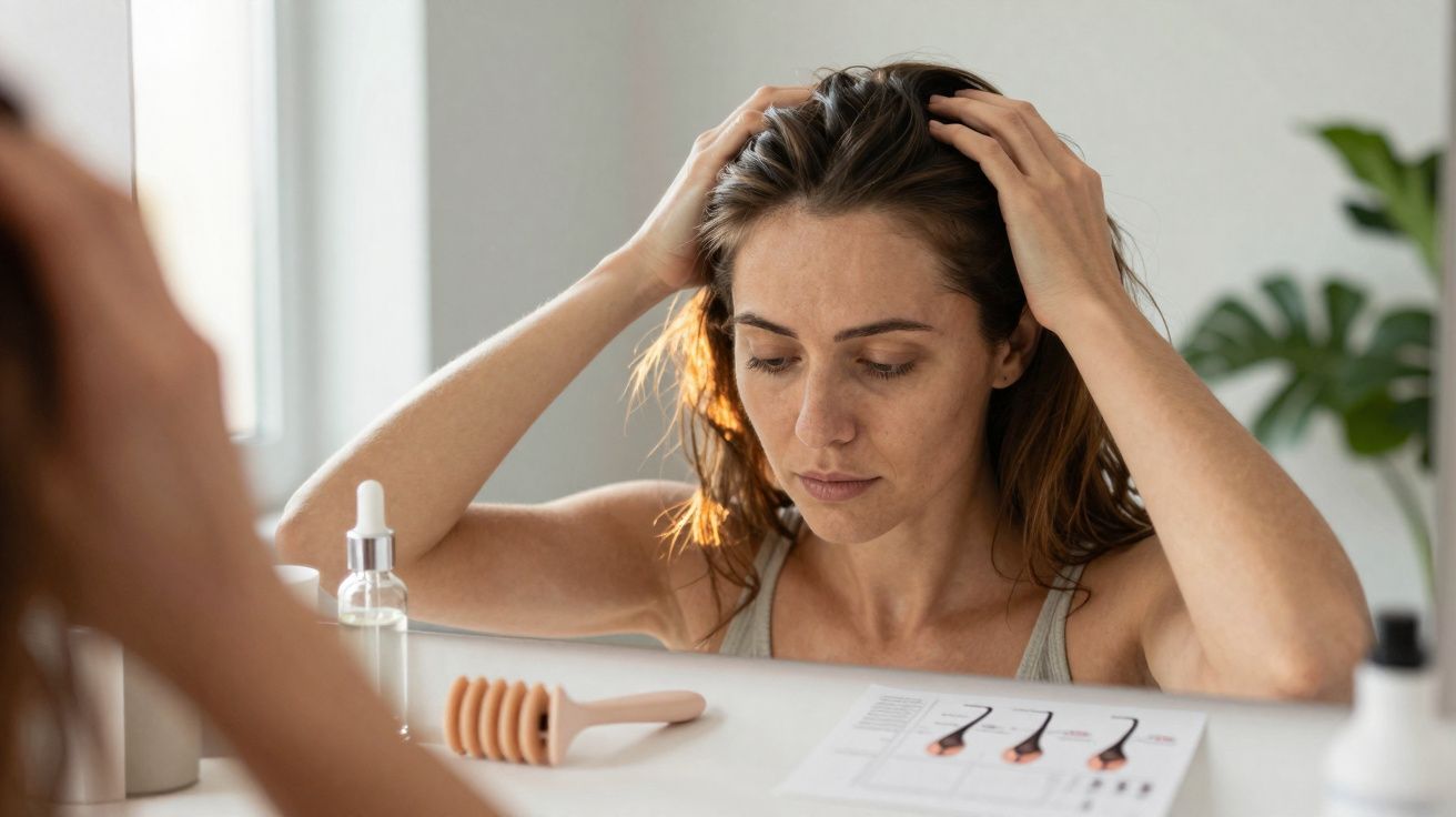 Mulher analisa o couro cabeludo em frente ao espelho, rodeada de produtos para tratamento capilar.