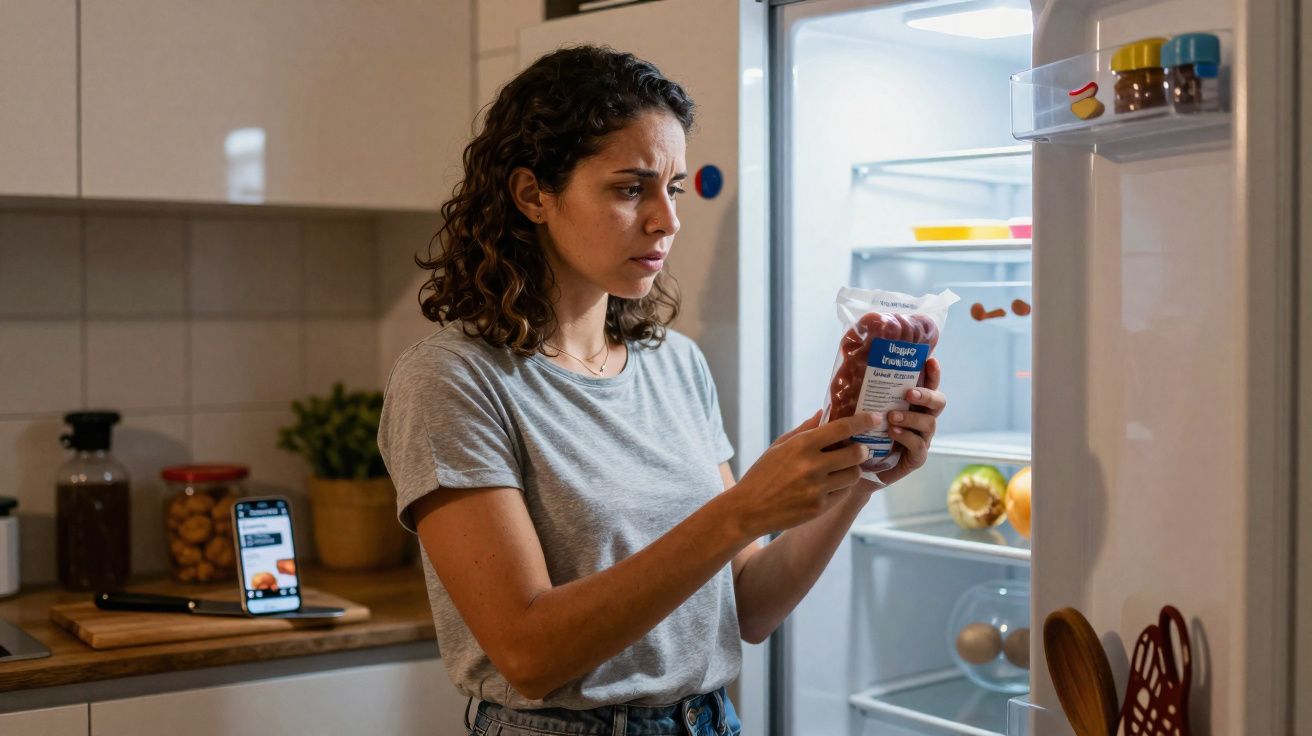 Mulher de cabelo encaracolado a abrir o frigorífico e a ler a embalagem de tomate cherry.