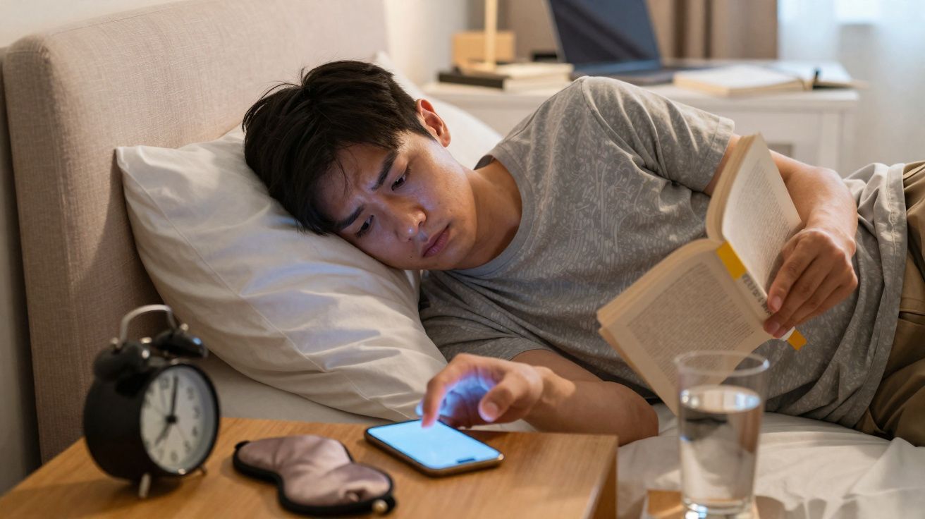 Homem deitado na cama a ler um livro e a usar o telemóvel numa mesa-de-cabeceira com despertador e máscara de dormir.