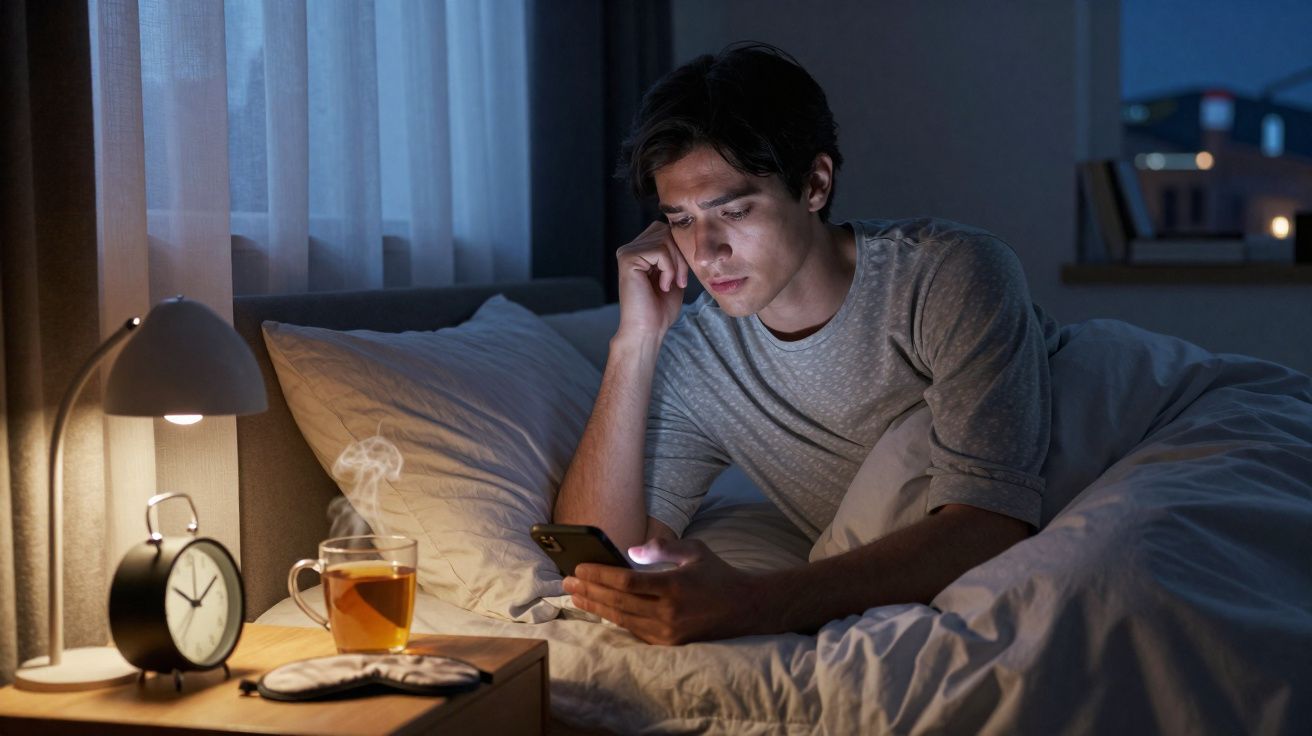 Homem deitado na cama à noite a olhar para o telemóvel, com chá quente e despertador na mesa de cabeceira.