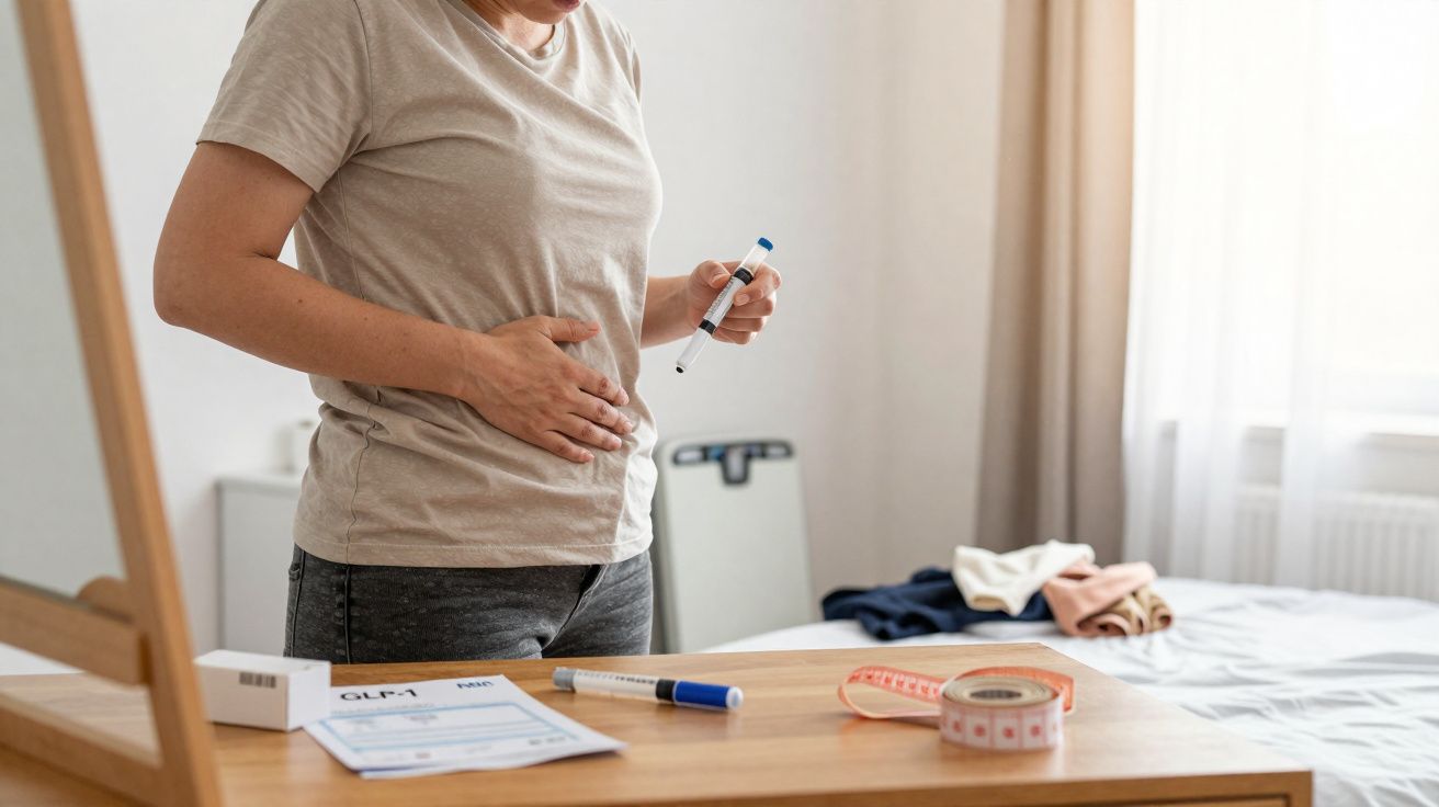 Pessoa segura caneta de insulina enquanto coloca a mão na barriga num quarto iluminado.
