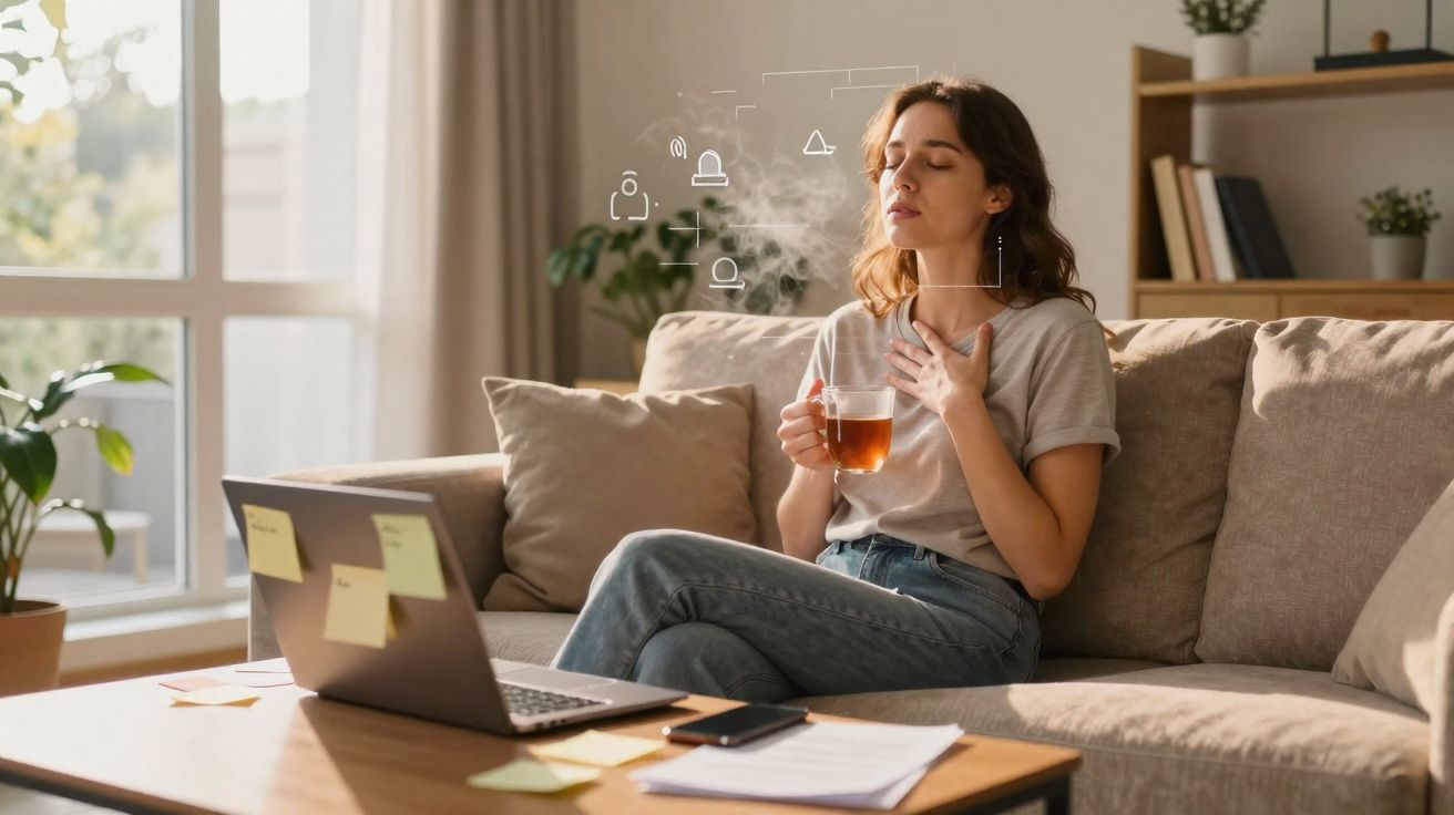 Mulher sentada no sofá a beber chá, rodeada de computador, notas e documentos numa sala iluminada.