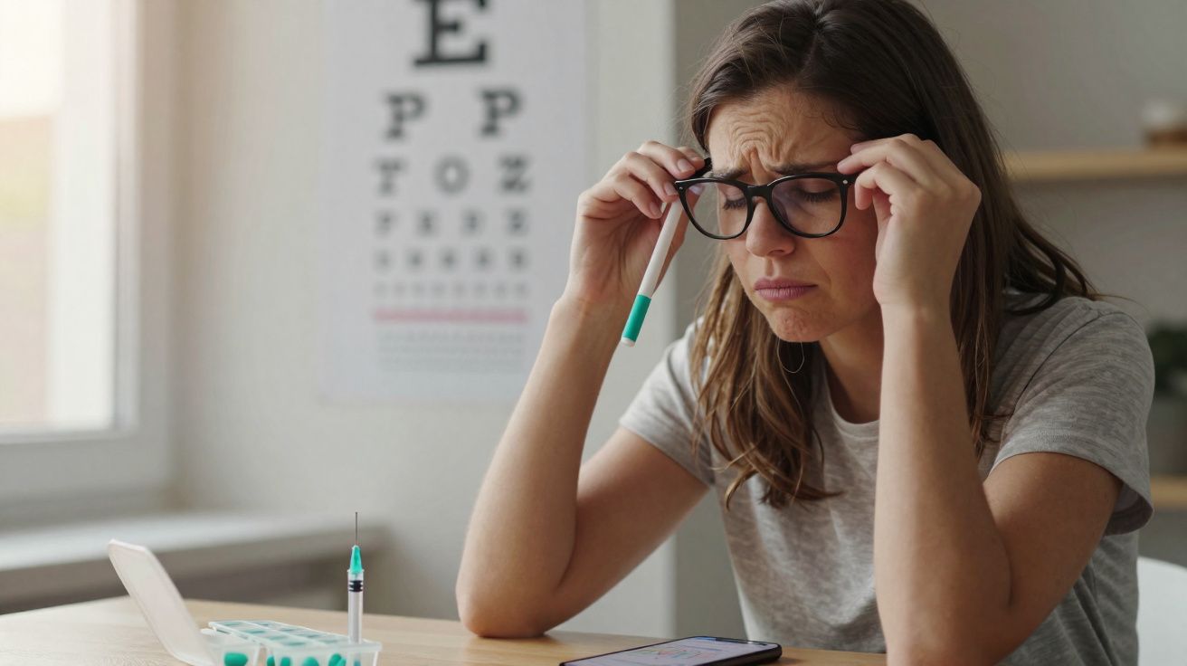 Mulher com expressão cansada a tirar os óculos, segurando uma seringa, sentada numa mesa com medicamentos.