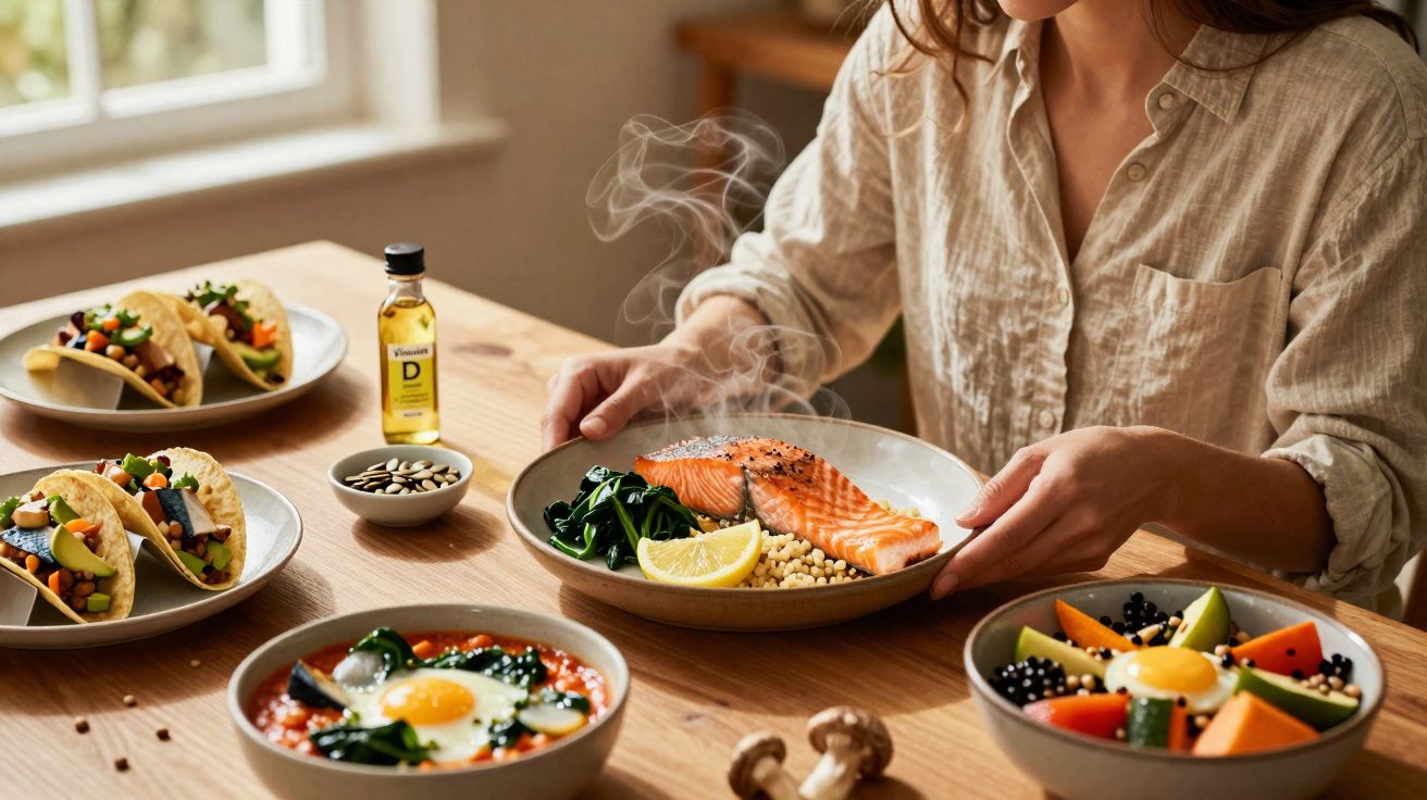 Pessoa a segurar prato com salmão quente, limão e vegetais, rodeada por várias refeições saudáveis numa mesa de madeira.