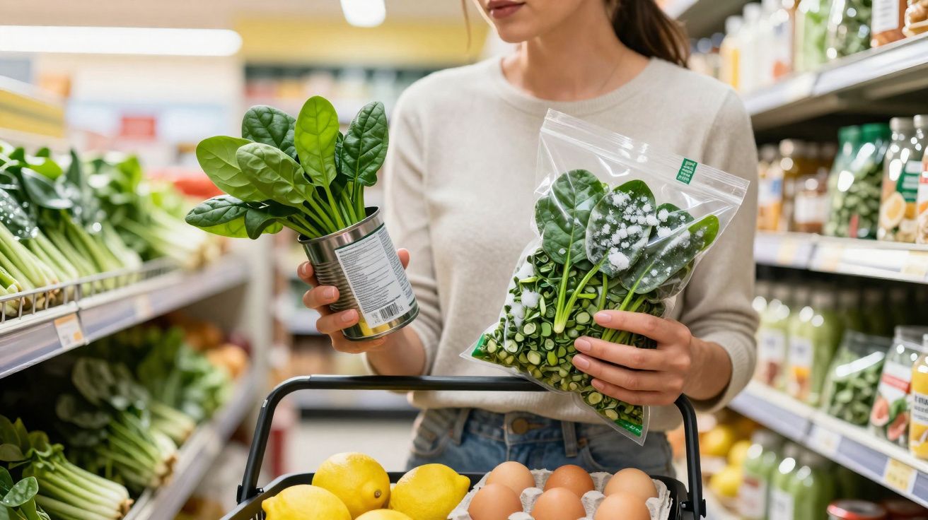 Mulher no supermercado a comparar espinafres frescos e congelados, carrinho com limões e ovos.