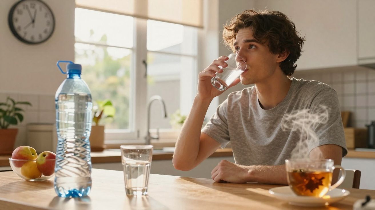 Homem sentado a beber um copo de água numa cozinha luminosa com chá quente e frutas na mesa.