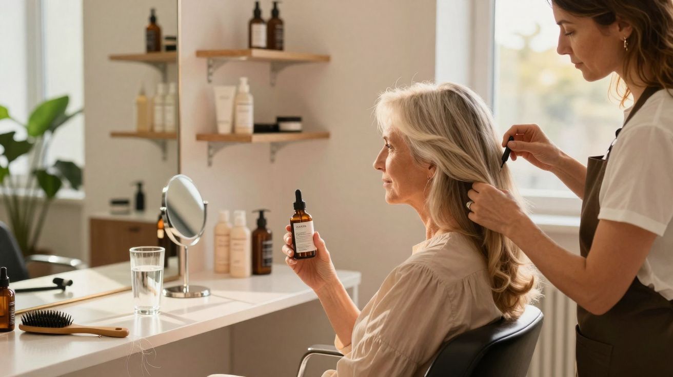 Mulher idosa recebe tratamento capilar num cabeleireiro, segurando frasco de produto para cabelo.