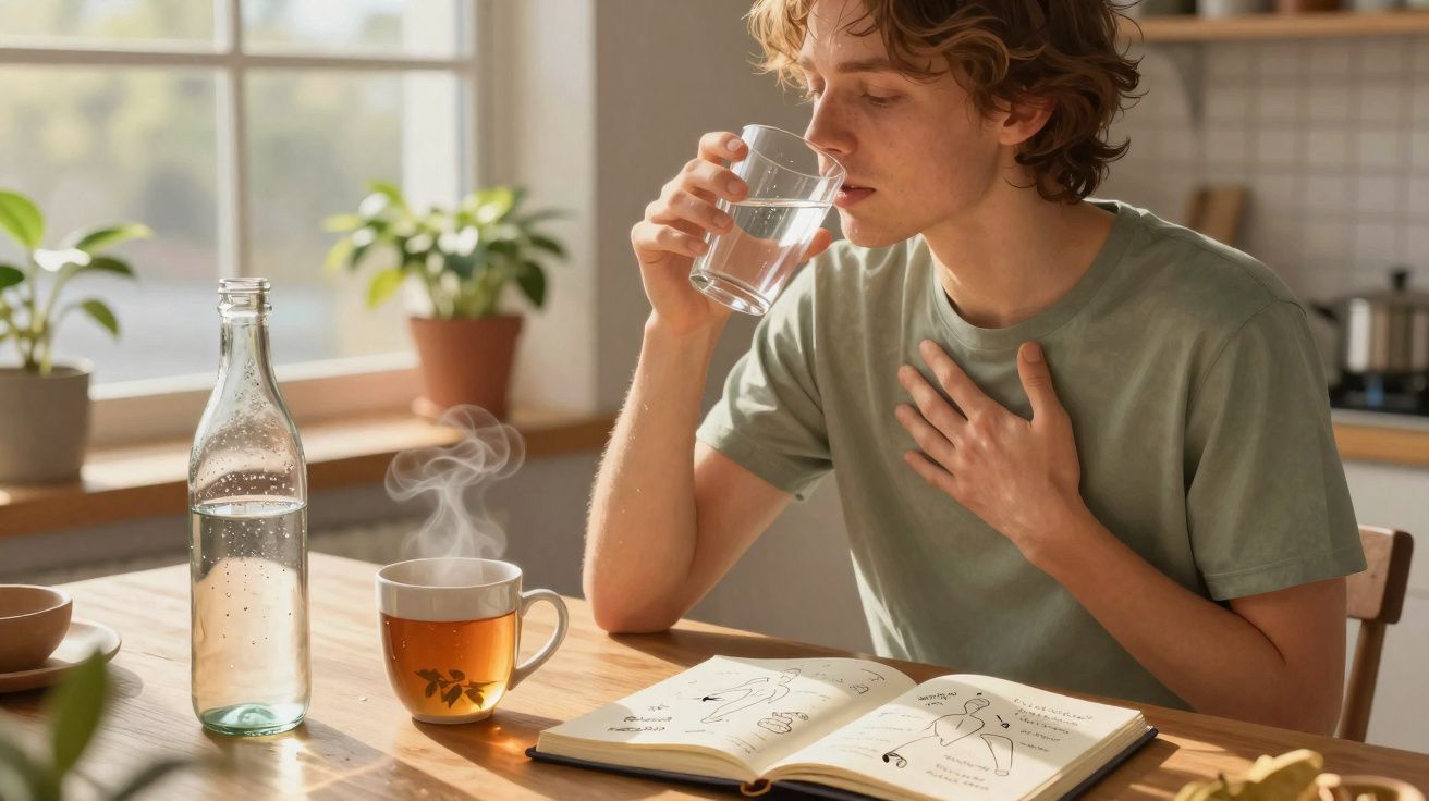 Jovem sentado à mesa, bebendo água e lendo livro de ilustrações com chá quente ao lado.