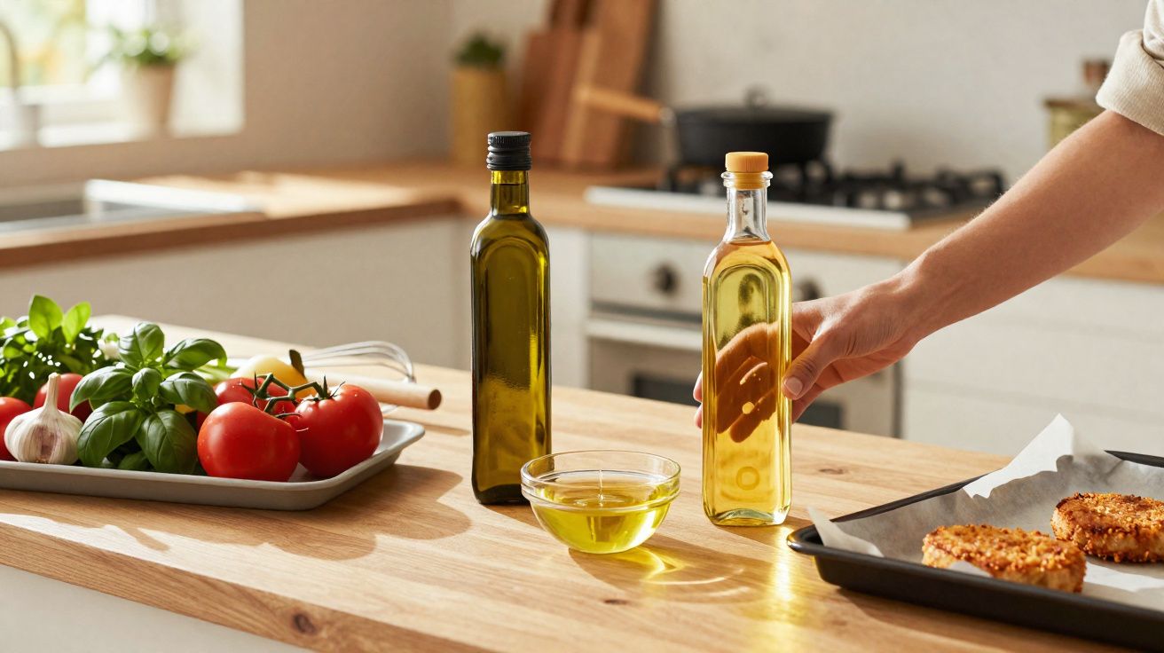 Frasco de azeite numa bancada de cozinha com legumes frescos e bolinhos numa forma a cozinhar.