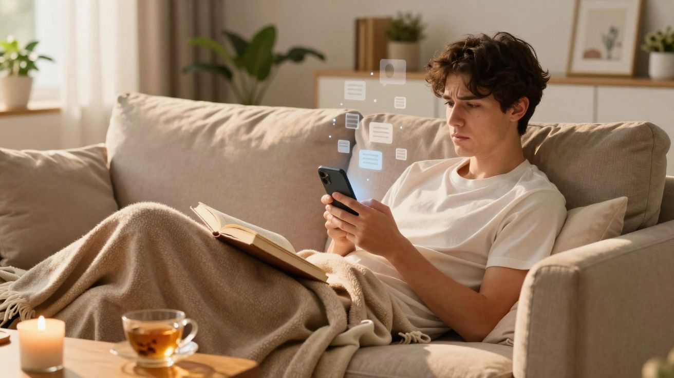Jovem sentado no sofá com uma manta, lendo um livro e a usar o telemóvel, numa sala luminosa e acolhedora.