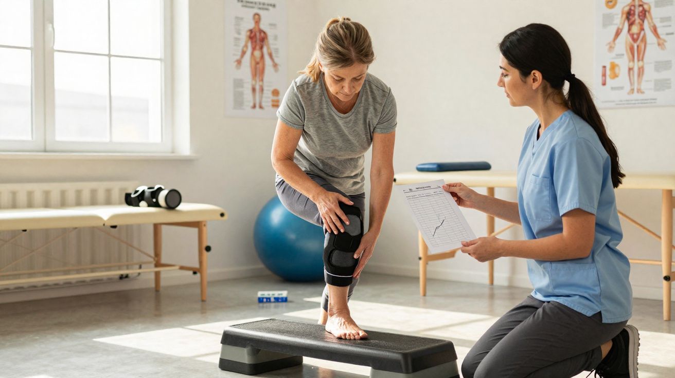 Paciente a realizar exercício de fisioterapia no joelho com supervisão de terapeuta num consultório.