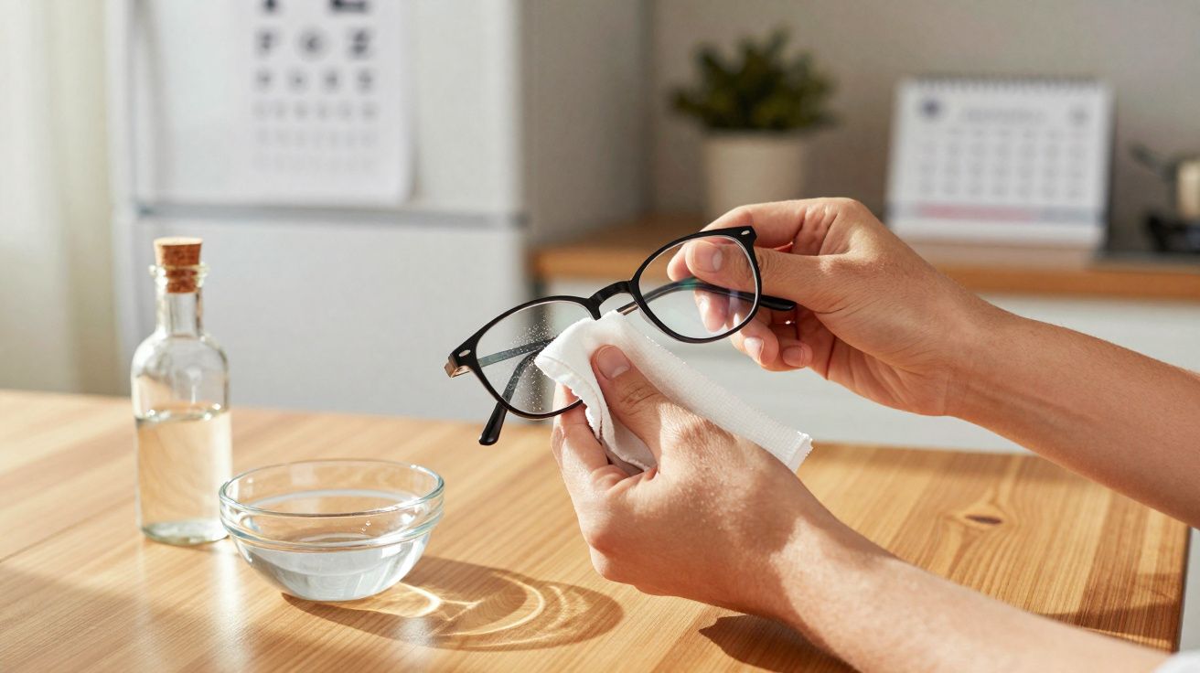 Pessoa a limpar óculos com um pano branco numa mesa de madeira com frasco e tigela de vidro.
