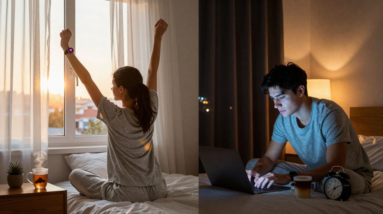 Mulher a espreguiçar-se de manhã junto à janela e homem a trabalhar no portátil à noite na cama.