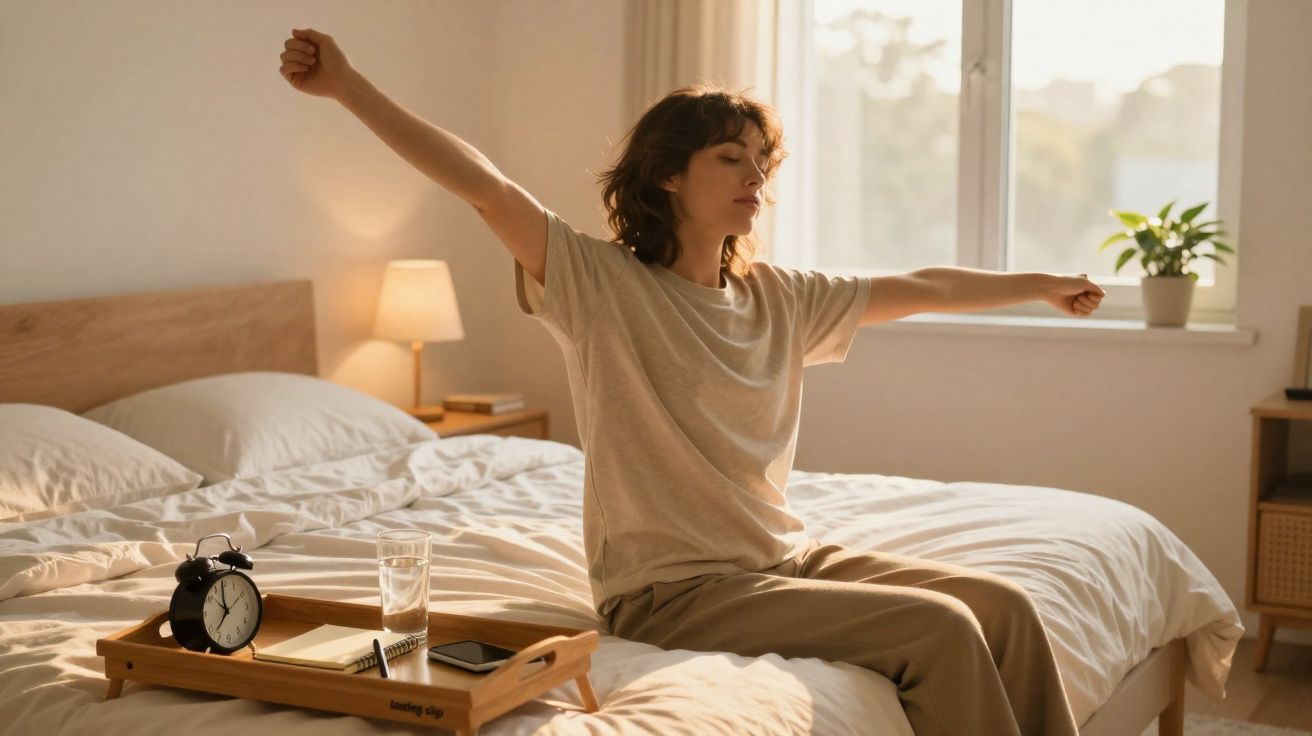 Mulher a espreguiçar-se sentada na cama, com luz natural a entrar pela janela ao fundo.