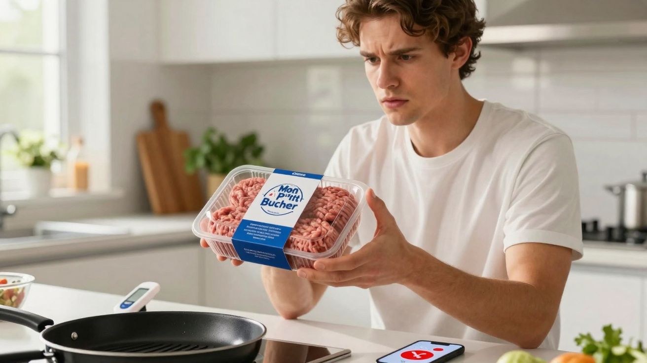 Homem jovem a analisar embalagem de carne picada numa cozinha moderna, com frigideira na bancada.