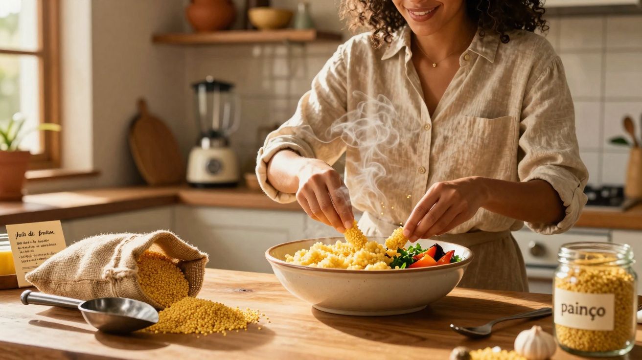 Mulher a preparar salada com painço numa cozinha luminosa e rústica com ingredientes naturais.